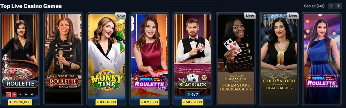 Top live casino games carousel featuring roulette, blackjack, and game-show titles with multiple live hosts, displayed in a dark casino interface with vertical game tiles.