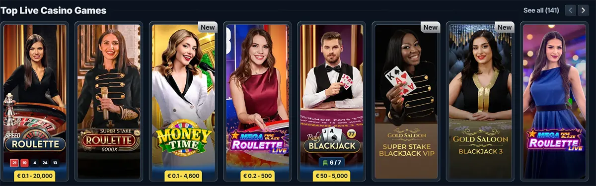 Top live casino games carousel featuring roulette, blackjack, and game-show titles with multiple live hosts, displayed in a dark casino interface with vertical game tiles.