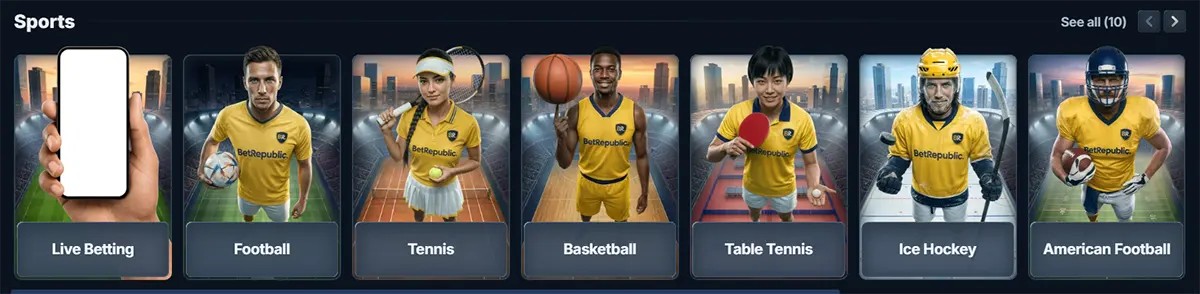 Sports category row featuring live betting, football, tennis, basketball, table tennis, ice hockey, and American football cards on a dark sportsbook interface.