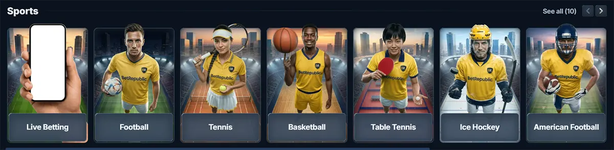 Sports category row featuring live betting, football, tennis, basketball, table tennis, ice hockey, and American football cards on a dark sportsbook interface.