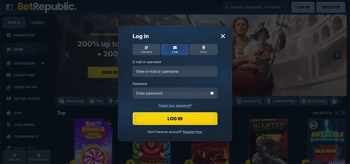 Casino login popup with username, email, and phone tabs, fields for email or username and password, a yellow “Log In” button, and a darkened casino homepage in the background.