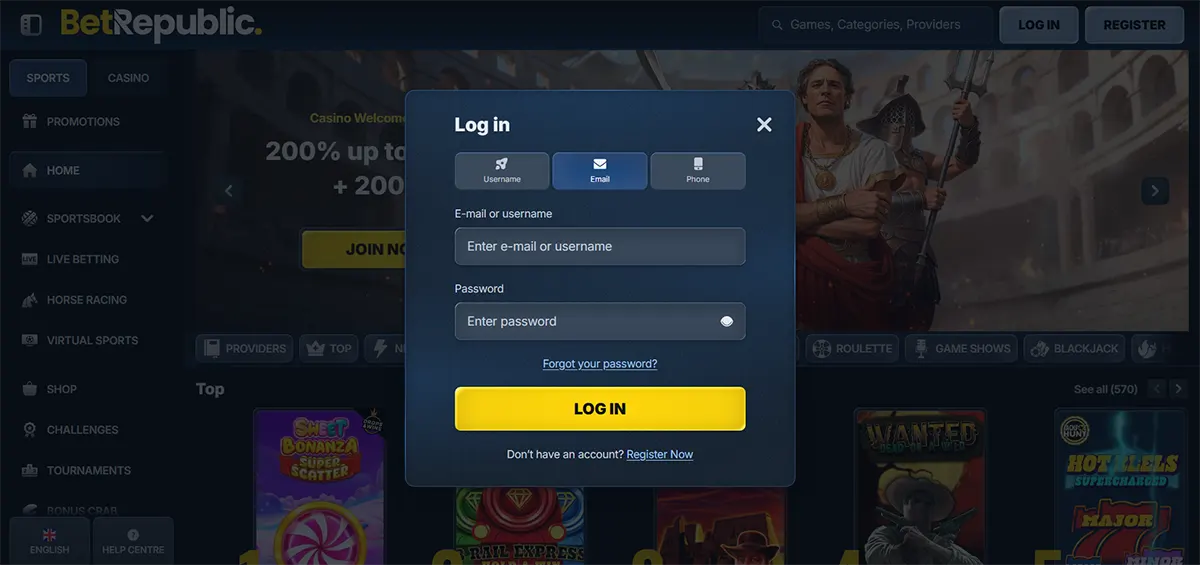 Casino login popup with username, email, and phone tabs, fields for email or username and password, a yellow “Log In” button, and a darkened casino homepage in the background.